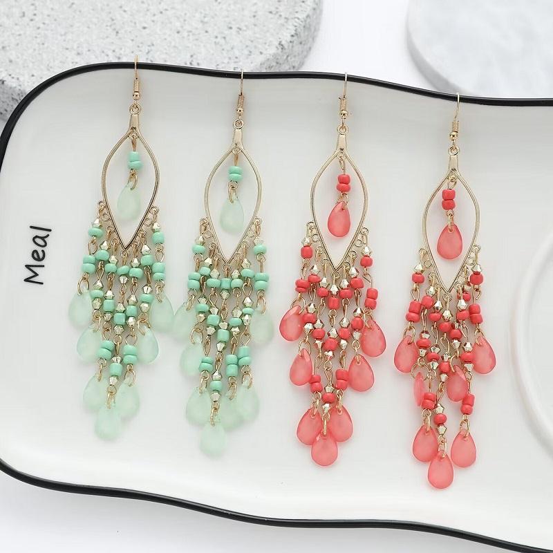 Ethnic Long Acrylic Water Drop Earrings for Women Retro Boho Gold Color Hollow Tassel Earrings Bijoux Femme