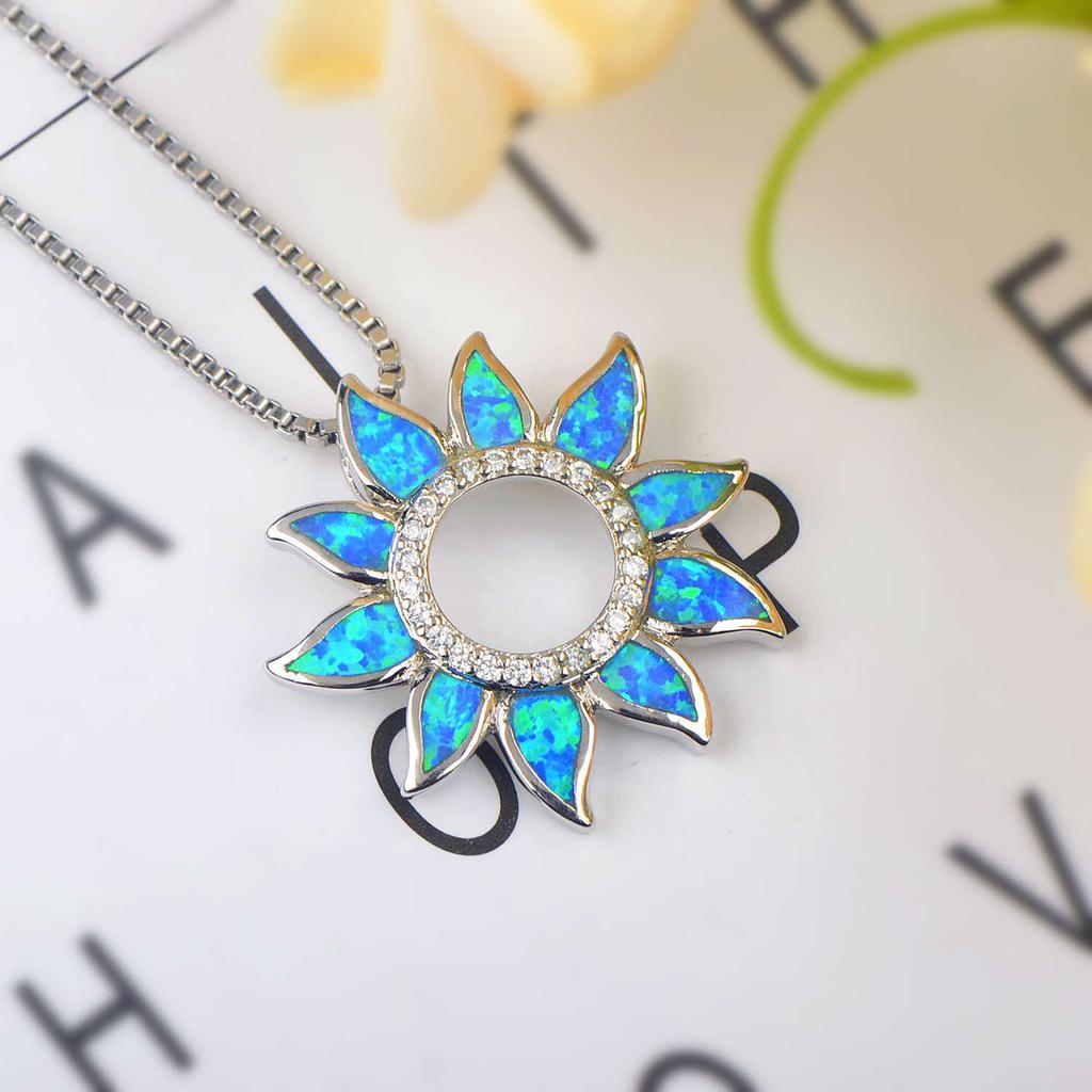 Aobao Fashion Colored Opal Sunflower Pendant Necklace with Copper Silver Plated Link Sweater Chain