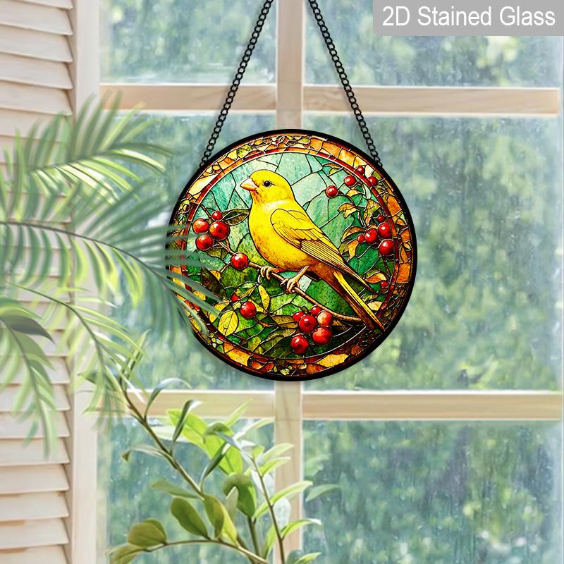 2D Flat Stained Glass Canary Bird Window Decoration, 7.87inches Yellow Bird Red Fruits Design Colored Glass Plate with Chain, Charming Spring Summer