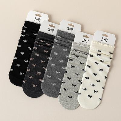 5/10 Pairs Casual Spring Autumn Bone Free Socks for Women with Lace and Bow Mid Calf Socks JK Lolita Sweet and Versatile Cotton Pile Socks