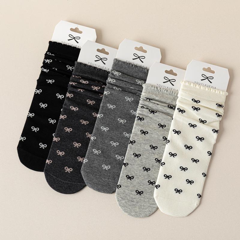 5/10 Pairs Casual Spring Autumn Bone Free Socks for Women with Lace and Bow Mid Calf Socks JK Lolita Sweet and Versatile Cotton Pile Socks