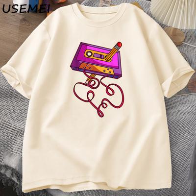 80s Cassette Tape Pencil Printed T-shirts 1980s Retro Vintage Throwback Music T Shirt Unisex Clothing Oversized T Shirts