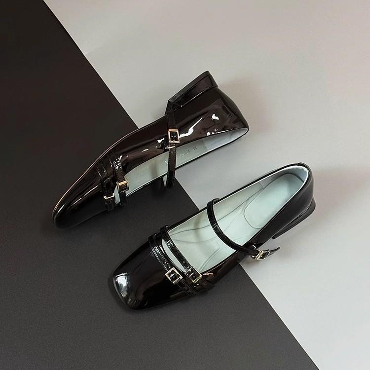 Sheepskin Version~ French Patent Leather Black Versatile Small Single Shoes One-word Buckle Shallow Mouth Square Head Niche Design Mary Jane Shoes