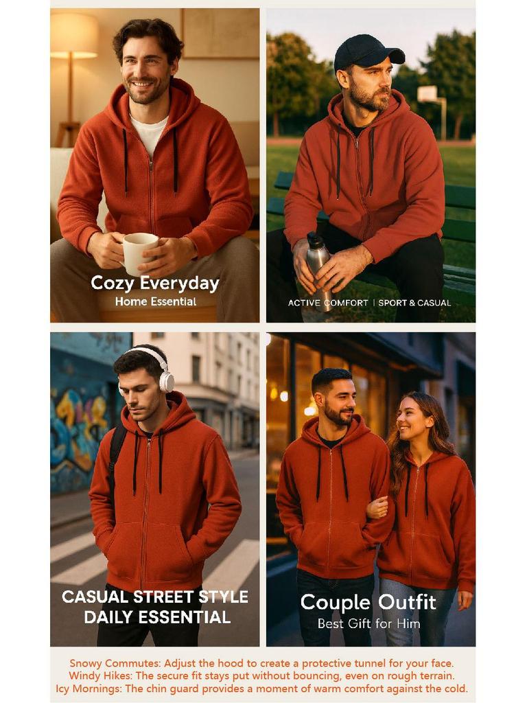 Men's Plus Size Fleece Hooded Zipper Sweatshirt with Velvet Lining