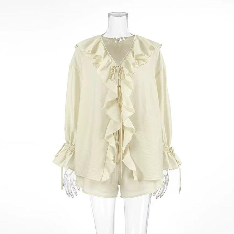 

Western Style Sexy Frill Lace-up Shirts Trousers Set Lotus Leaf Shirt Shorts Set Beige S