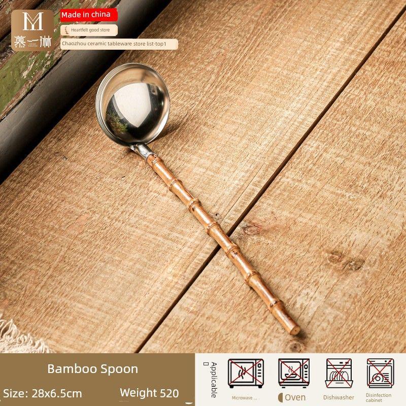 Handle Soup Spoon, Stainless Steel Spoon, 304 Food Grade, Household Porridge Spoon, Kitchen Skimmer, Soup Strainer Spoon, Kitchen Cookware Spoon Bamboo spoon