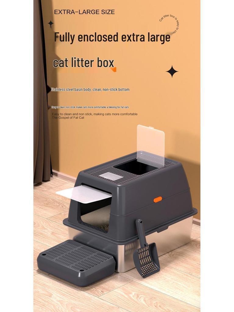 Stainless Steel Cat Litter Box with Anti-Splash Top-Entry Lid, Sizes S-XXXL.
