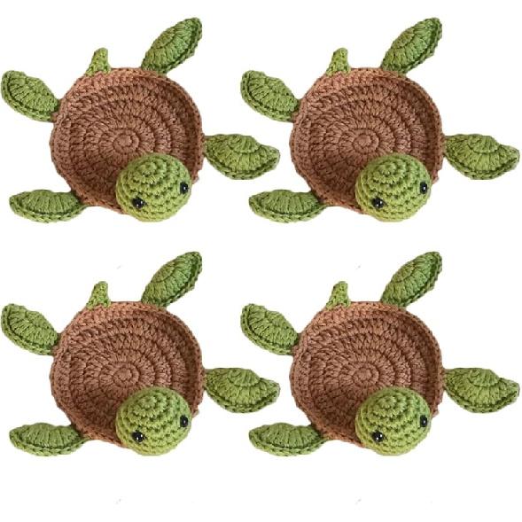 

4 Pcs Crochet Tortoise Coasters for Drinks, Funny Handmade Woven Coaster Set, Cute Turtle Shaped Mug Cup Mat Table Desk Decoration морська черепаха