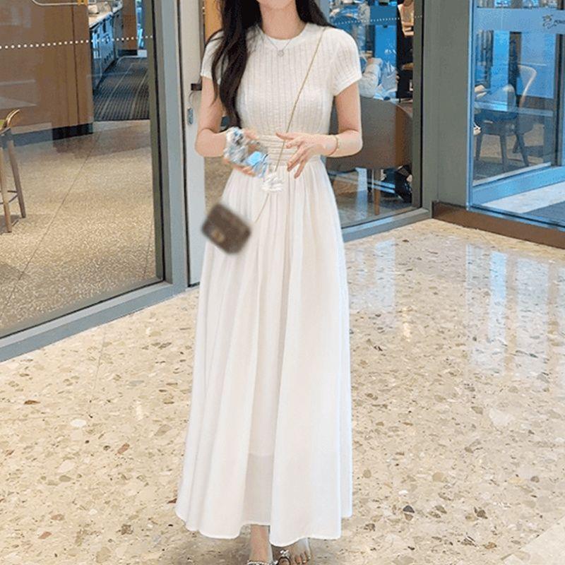 

Women s French Blue A-Line Patchwork Dress: Waist-Cinched, Sweet or Cool, Elegant Long Skirt, First Love Pure Milk Style. L (suggested 110-130 jin)