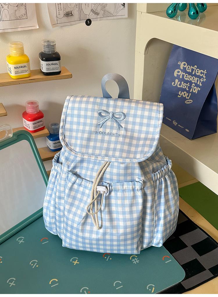 Schoolbag sea salt light blue plaid drawstring flip bag sweet milk huhu little fairy daily shopping photo backpack