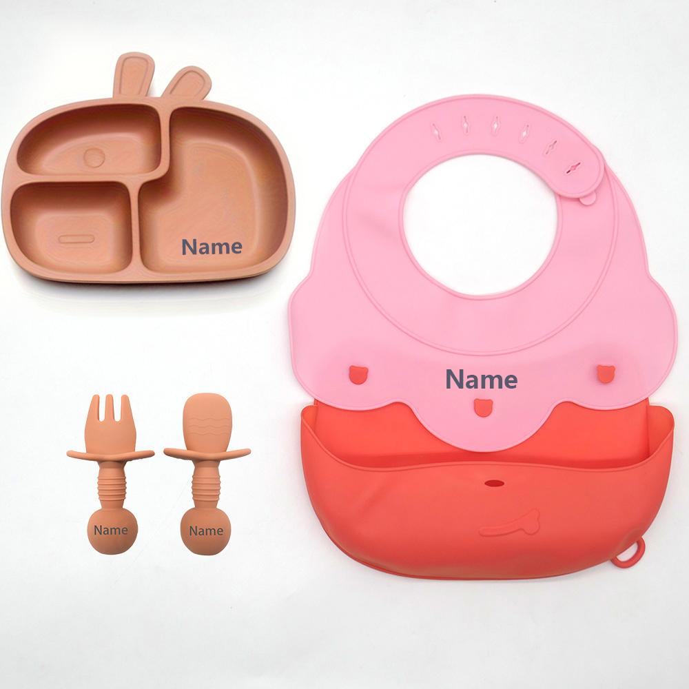 

Non-Toxic Customizable Silicone Tableware Set For Babies - Waterproof Easy To Clean With Free Name Engraving Creative Gift Idea
