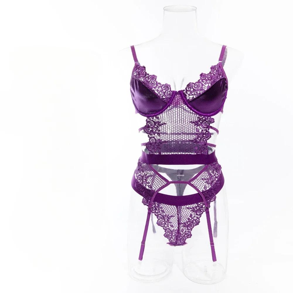 2-piece Purple Erotic Lingerie Set Women See Through Sexy Corset Sissy Bra and G-String Set Lace Sexy Female Underwear Suit