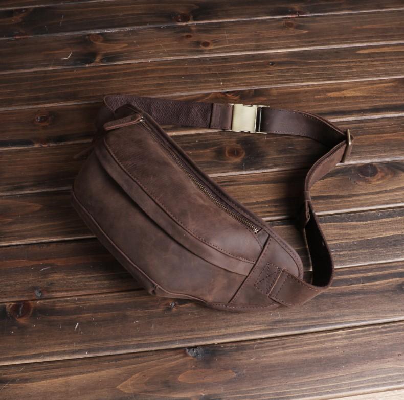 Genuine Leather Men's Waist Bag, Crazy Horse Leather Men's Head Cover Layer, Cowhide Small Chest Bag, Crossbody Sports Phone Bag