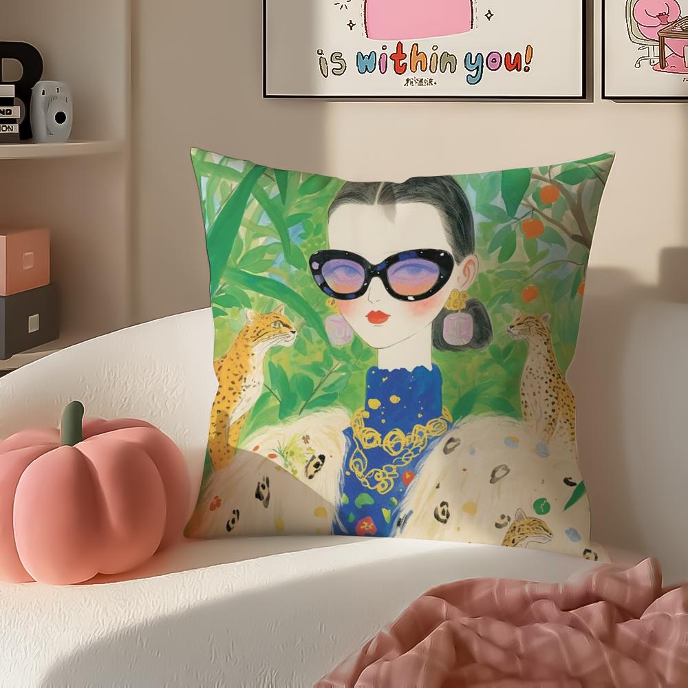 Fashion Illustration Cushion Cover Pillowcase Short Plush Invisible zipper Room Sofa Cushion Cover