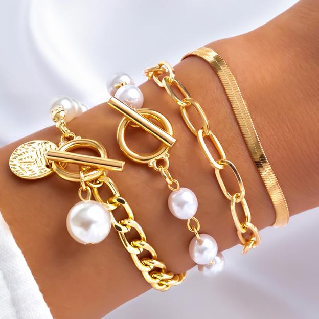 Ingemark Boho Imitation Pearl Chain Coin Pendant Bracelets Set for Women on Hand Vintage Snake Link Bangles Couple Wrist Jewelry