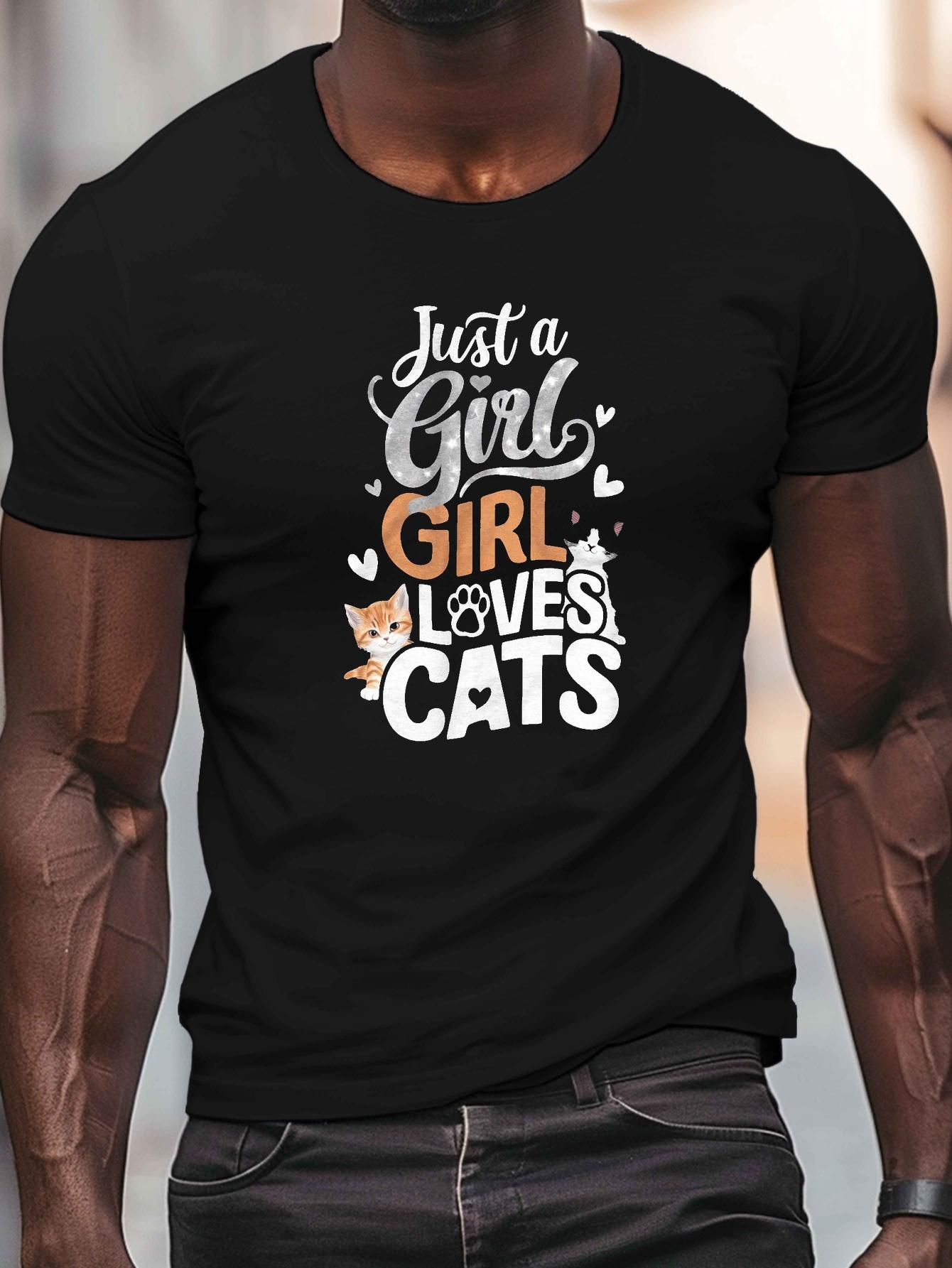 Casual Cotton T-shirt with Just a Girl Who Loves Cats Print M