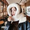 Autumn and winter integrated hat women's wool hat with scarf thickened plush wool hat big head circumference versatile loose hat