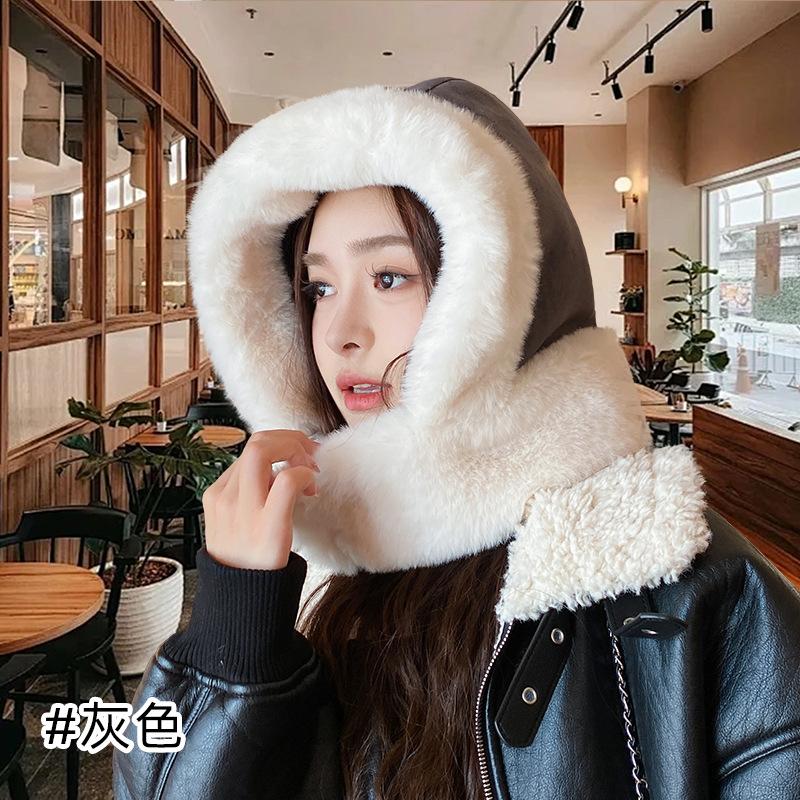 Autumn and winter integrated hat women's wool hat with scarf thickened plush wool hat big head circumference versatile loose hat