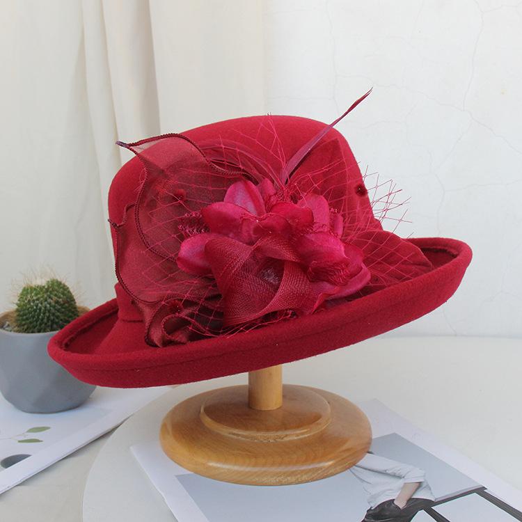 Autumn And Winter Curled Feather Flower Woolen Top Hat Women'S British Retro Casual Bucket Hat Mesh Basin Hat Tide