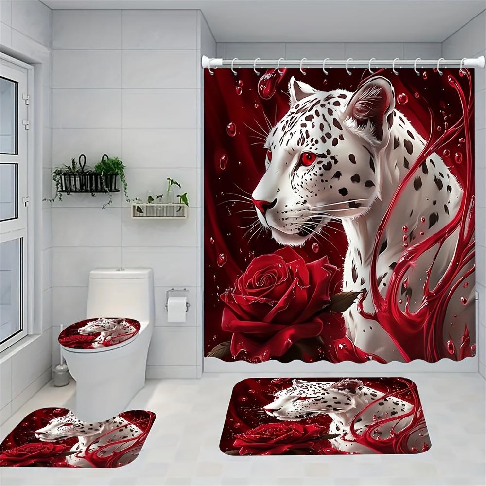 

Mystical White Leopard with Red Roses Bathroom Set - Waterproof Shower Curtain, Toilet Lid Cover, Bath Mat, and Contour Mat