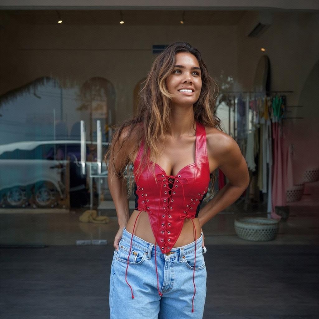 European and American style autumn new women's clothing fashion Spice Girls sexy hollow backless contrasting color straps PU leather small vest
