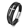 Stainless Steel Multi-Layer Handmade Braided Bracelet With Cross Charm Men Geometric Design Polished Finish