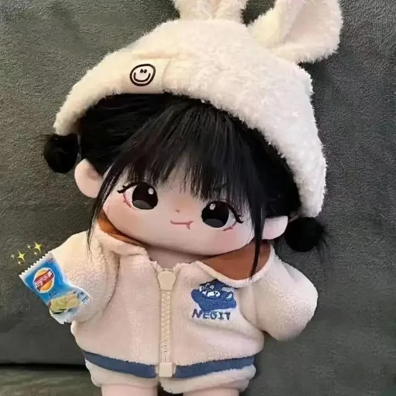 Boneca de pelúcia de algodão com cabelo curto de 20 cm, chapéu, jaqueta, roupas, vestimenta, bonecas de pelúcia macias, coleção de bonecas de bebê, presente de aniversário para crianças, Halloween