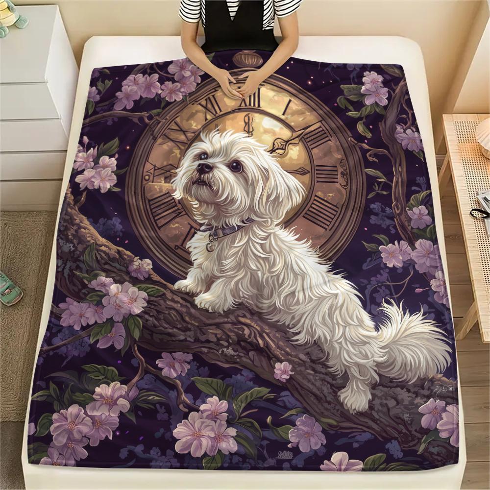 Maltese dog and flowers,pattern Flannel Blanket, High quality Comfortable for All Seasons, Home Decor, Warmth and Comfort, Perfect for Gifts.