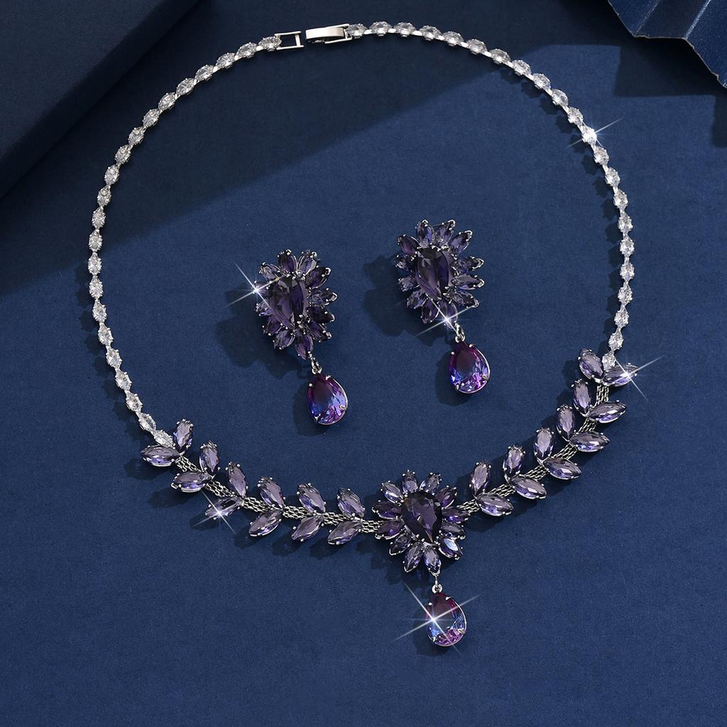 3-teiliges Damenmode Zirkon Blume Halskette Ohrringe Zirkon Set High End Hochzeitsfeier Festival Geschenk-8558