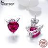 BAMOER 925 Sterling Silber Engel und Teufel rosa CZ Herz Ohrstecker für Frauen exquisite einzigartige Ohrringe