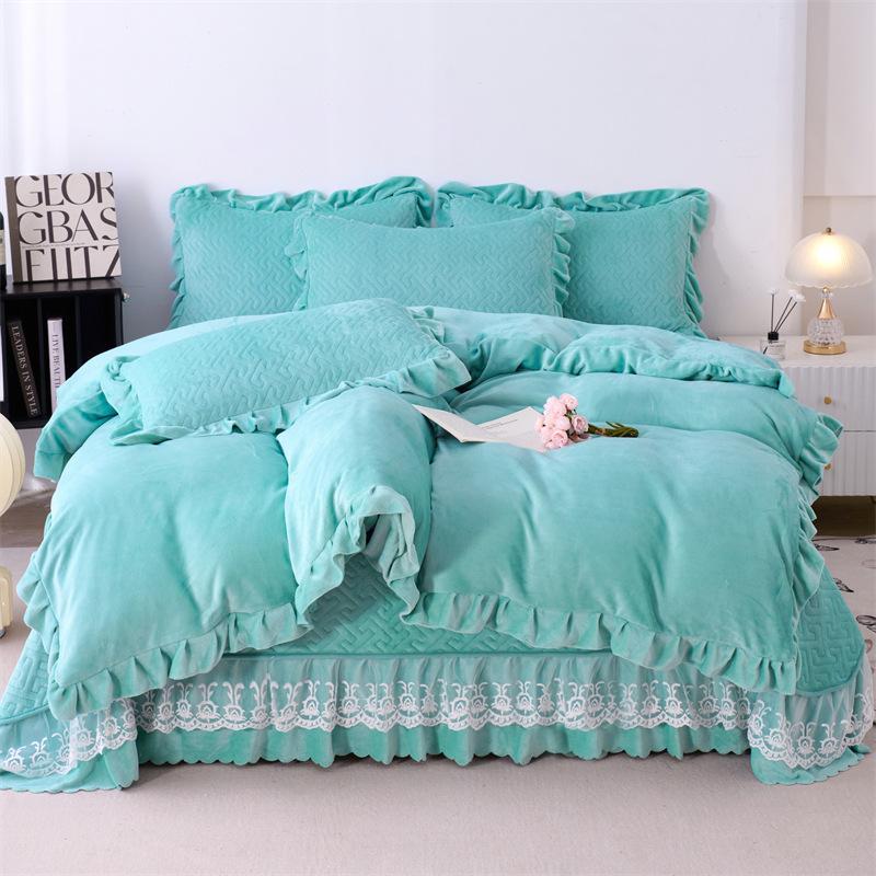 5.5Kg Solid Color Super Soft Thickened Milk Lace Bed Cover Four-Piece 1.8M Bed Cover