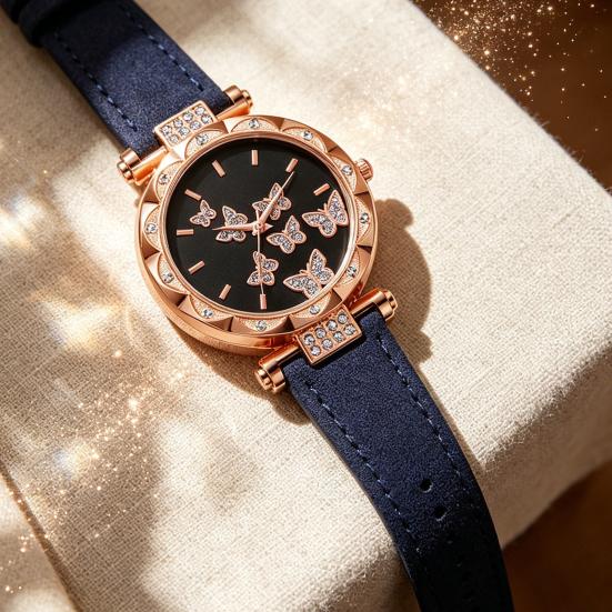 Ladies Butterfly Watch Artificial Leather Strap Quartz Watch Rhinestone Round Dial Fashionable Wristwatch for Women Party Office Date
