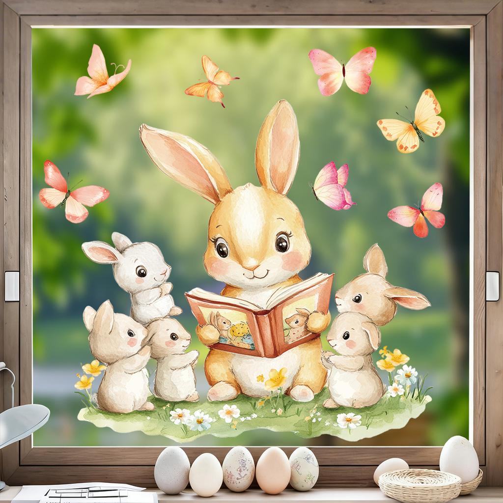 New 2026 Easter Bunny Static Cling Window Sticker for Glass Decoration Reading Companion