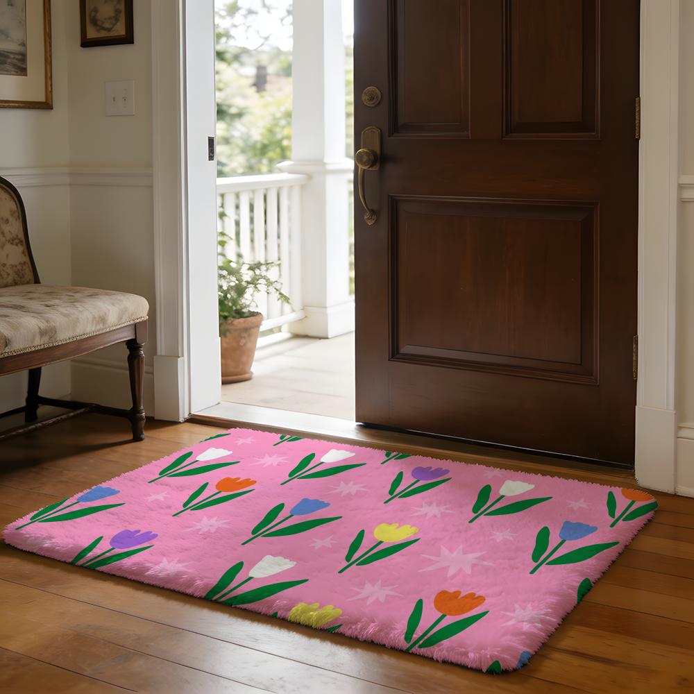 Cute Cartoon Tulip Floor Mat Soft Flannel Absorbent Mat Non-Slip Rug Home Bedroom Bathroom