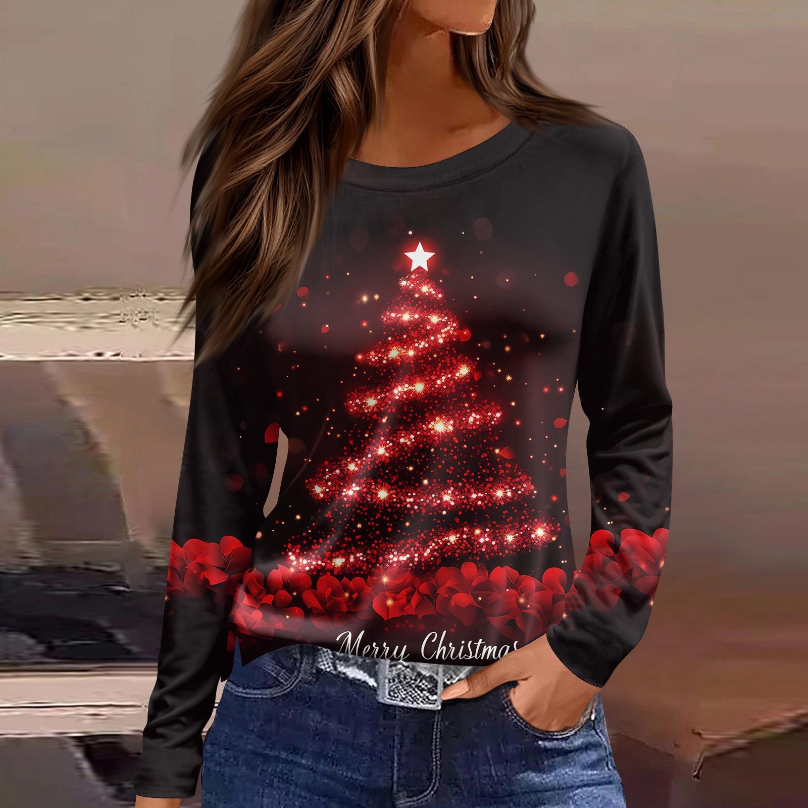 

Женская модная повседневная футболка с разрезом по низу, круглым вырезом, длинными рукавами, свободного кроя, с рождественским принтом, женский топ M