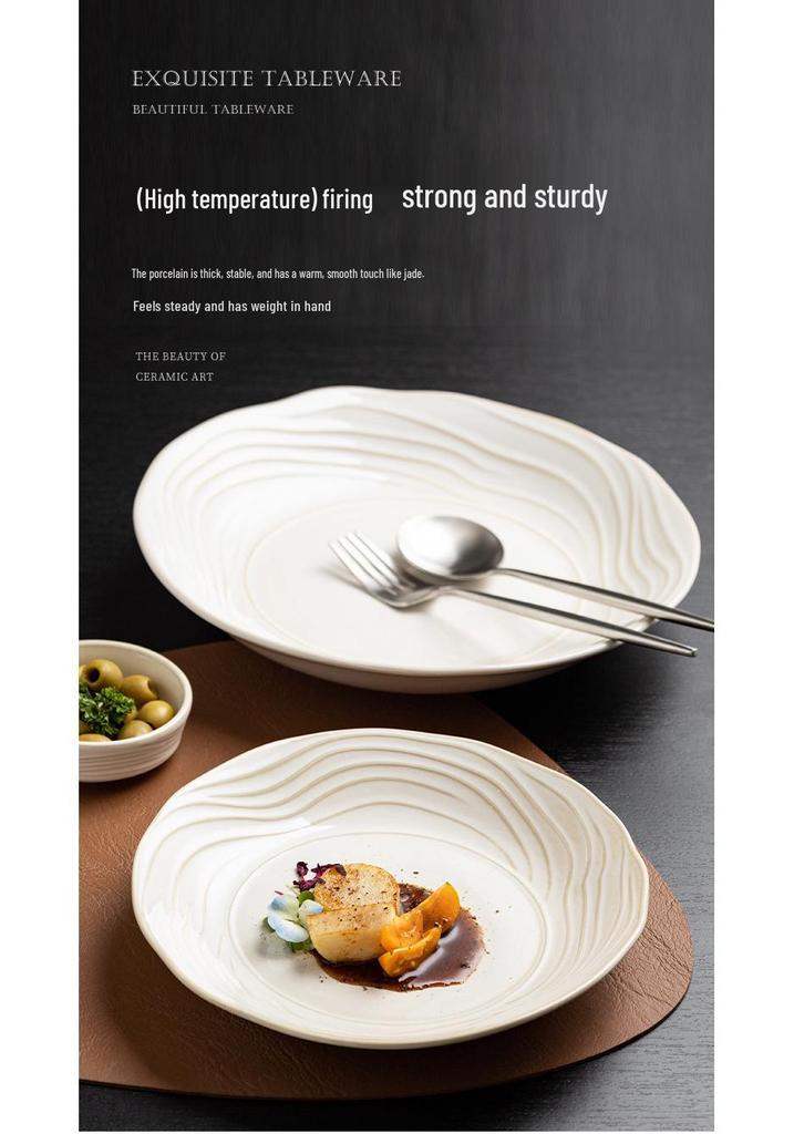Elegant Wavy Edge White Ceramic Dinner Plate - High-End Creative Tableware