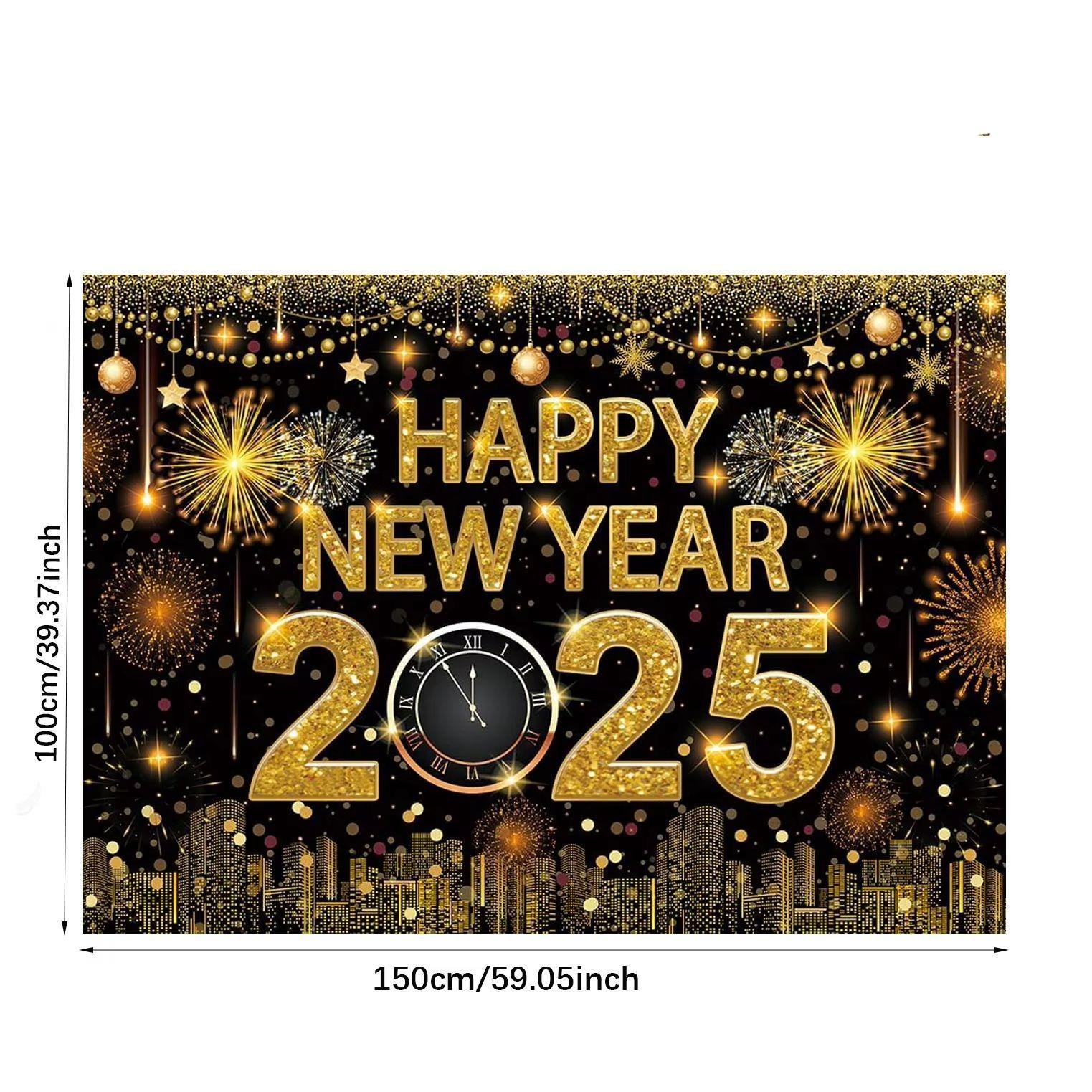 

2025 С Новым годом Фон Фейерверк Часы Тема 150x110 см Тканевый Баннер Рождество 2025 Новогодняя Вечеринка Украшение Дома