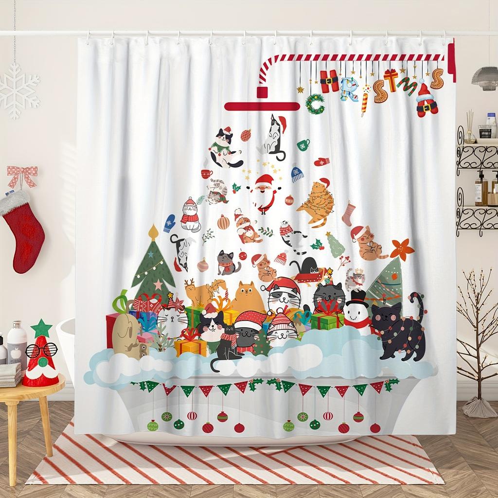 Funny Christmas Bathtub Cat Print Shower Curtain Moose Snowman Christmas Decor Polyester Fabric Shower Curtains Bathroom Decor