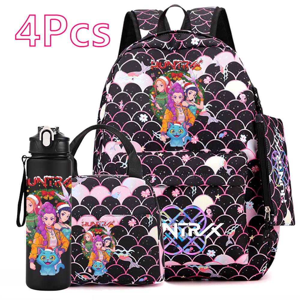 4Pcs/set Christmas Kpop Printed Backpack with Handbag Pencil Case 750Ml Water Bottler for Teenager Boy Girl Large Capacity Bookbag Schoolbag Kid Gift