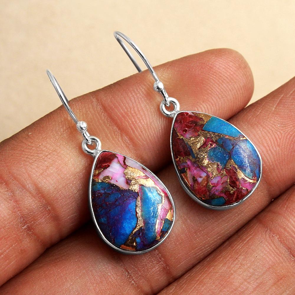 Handmade Pink Dahlia Copper Turquoise Earring 925 Sterling Silver Women Jewelry
