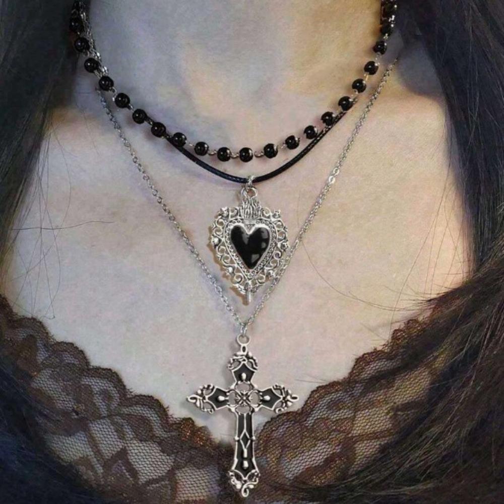 Zestaw 3 szt. Amulet Goth Czerwona Glazura Kapiąca Pusta Krzyż w Kształcie Serca Wielowarstwowy Składany Naszyjnik do Noszenia dla Kobiet Zestawy Biżuterii