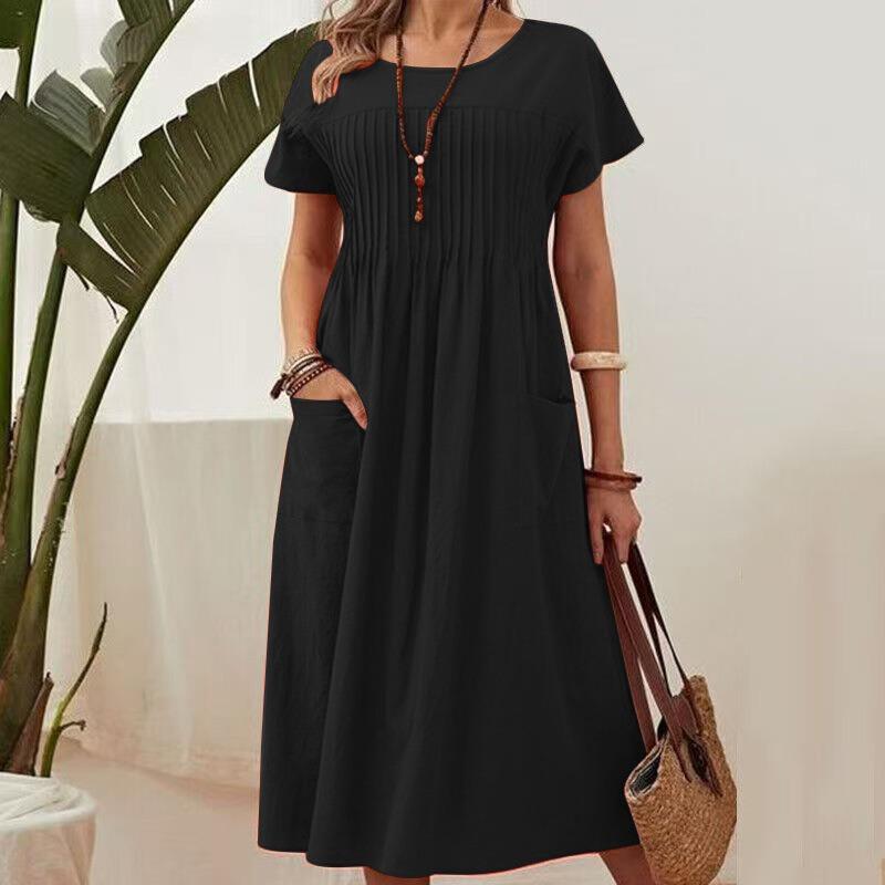 Summer Pockets Casual Dress New Plus Size Solid Color Round Neck Short Sleeve Fashion Party Dress A-line Pleated Loose Slim Elegant Dresses Clothing