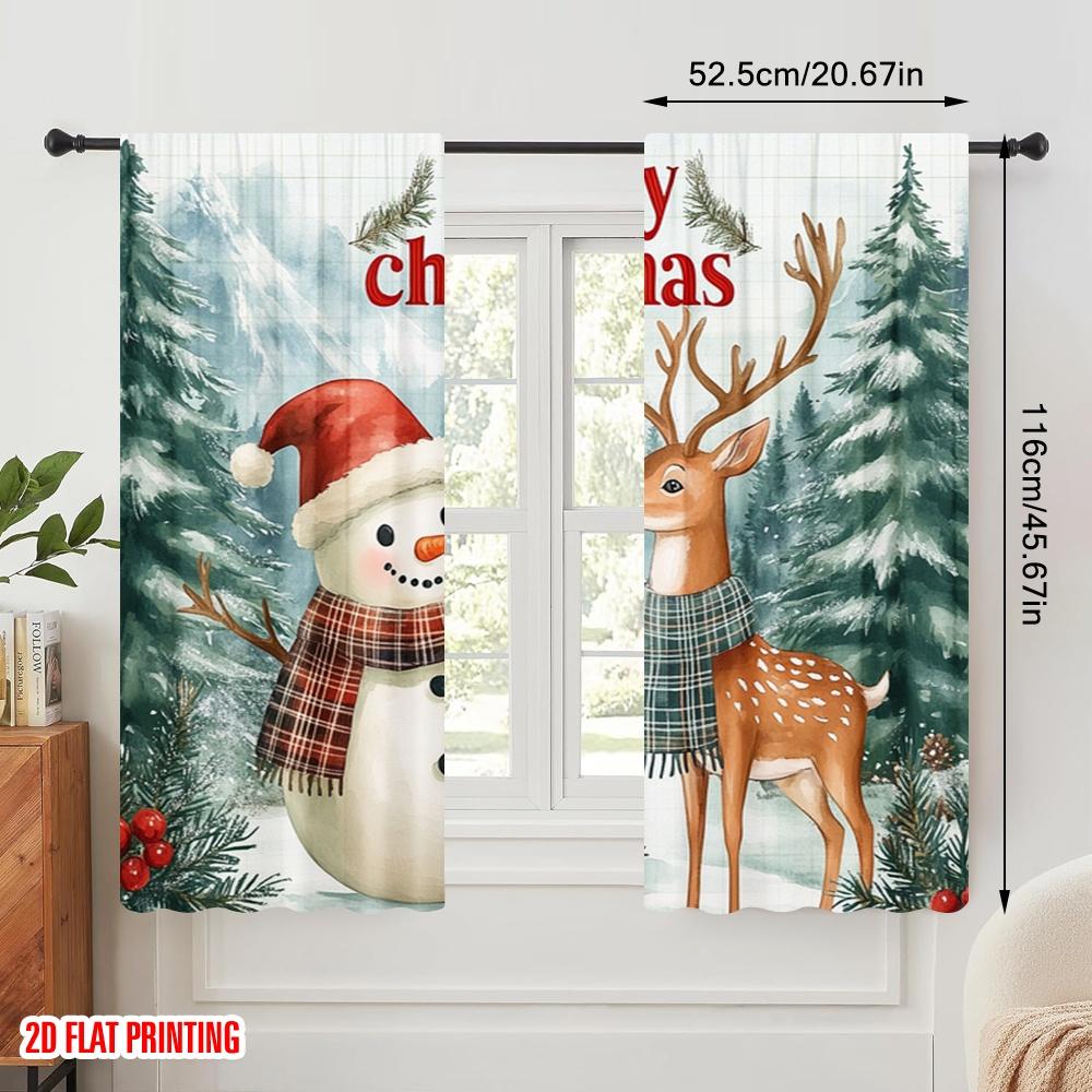 2pcs,2D Plane Printing Print Curtains Cute Deer Snowman Christmas Forest (2) Versatile 100% Polyester (without Rod) Art Deco