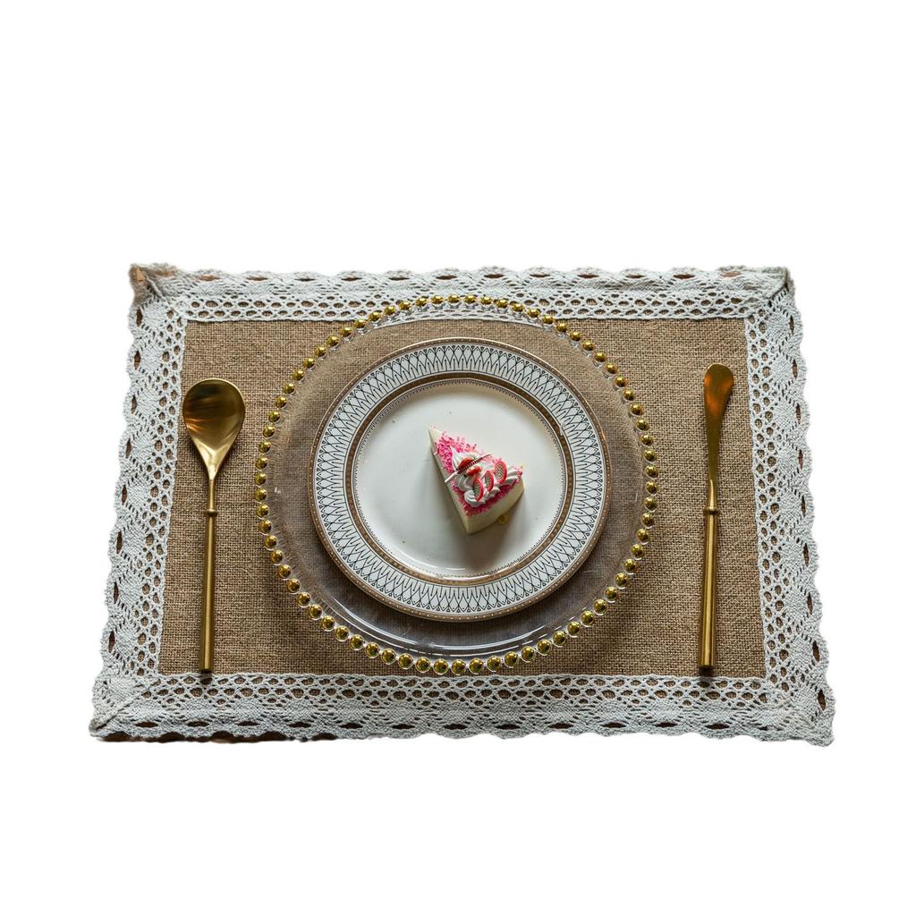Cotton And Linen Fabric Heat Insulation Point Western Food Mat Coaster Woven Linen Cotton Rope Placemat Gourmet Background Shooting