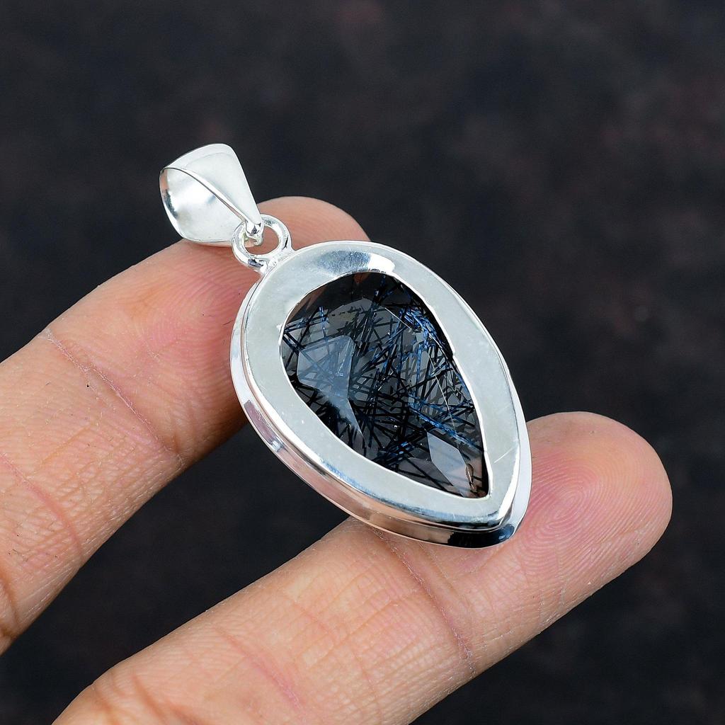 Faceted Black Rutile Pendant Natural Gemstone Pendant Amazing Jewelry 925 Sterling Silver Pendant Handmade Birthstone Pendant Gifts for Wife