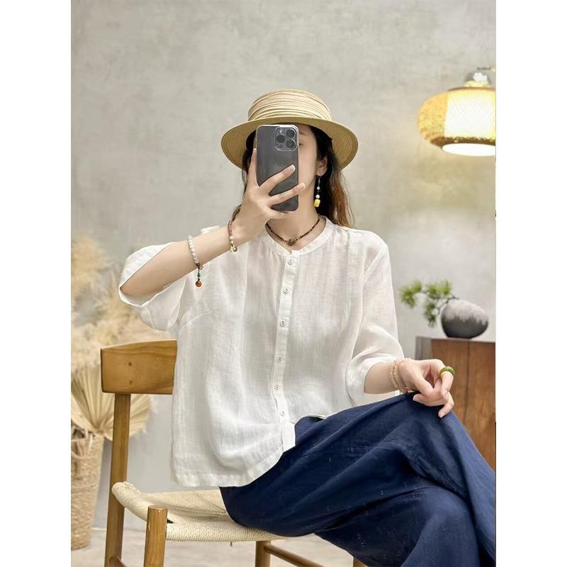 Women Apricot Color Round Neck Half Sleeve Linen Cotton Blend Button Down Shirt M