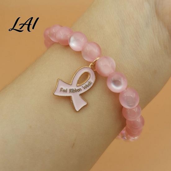 Versatile Commuting Casual Bracelet Breast Cancer Awareness Bracelets for Women Ribbon Support Ornament Charm Beaded Elastic Bracelet Encouragement
