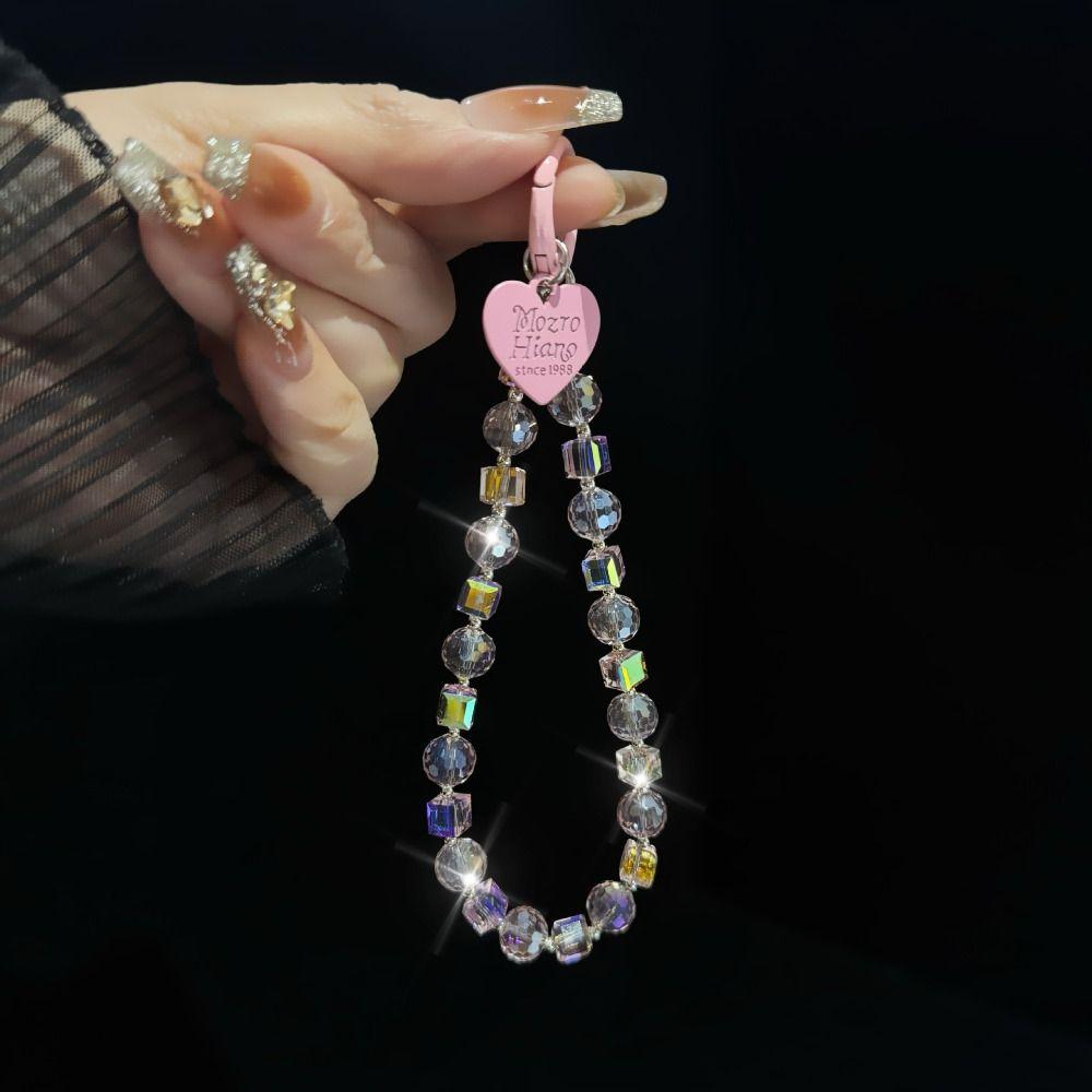 With Clip Mobile Phone Lanyard Short Love Phone Pendant Crystal Beads Phone Chain Female Lady Girl