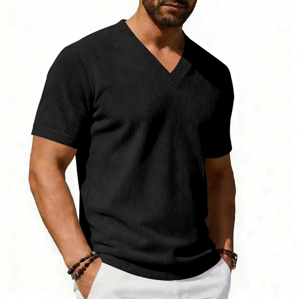 Men's V Neck Short Sleeve Knit Top Lightweight Ribbed Pullover Soft Texture Casual Classic Fit Summer Shirt