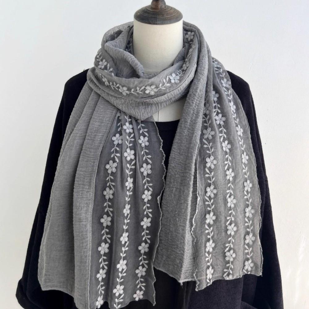 Cotton Linen Lace Patchwork Scarf Long Shawl and Wrap Fashion Thin Gauze Scarf  for Women
